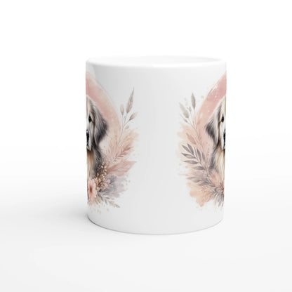 Keramiktasse mit Golden Retriever Portrait und zarten Blumen in warmen Naturtönen, dekorativer Hundebecher als Geschenk oder Alltagsbecher