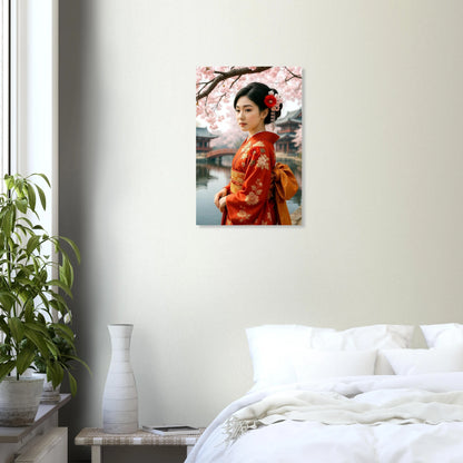 Japanisches Geisha-Poster im roten Kimono unter Kirschblüten, eleganter Kunstdruck mit ruhiger, harmonischer Bildwirkung.