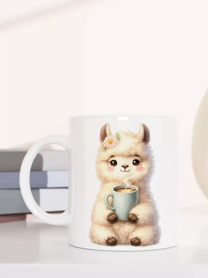 Keramiktasse mit niedlichem Lama, das eine Tasse hält, weiche Pastellfarben, ideal als Geschenk für Kaffee- und Tierliebhaber