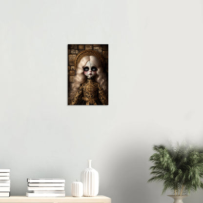 Hochwertiger Giclée-Kunstdruck zweier Vintage-Puppen mit großen Augen, blasser Haut und rostfarbenen Kleidern in melancholischer Atmosphäre.