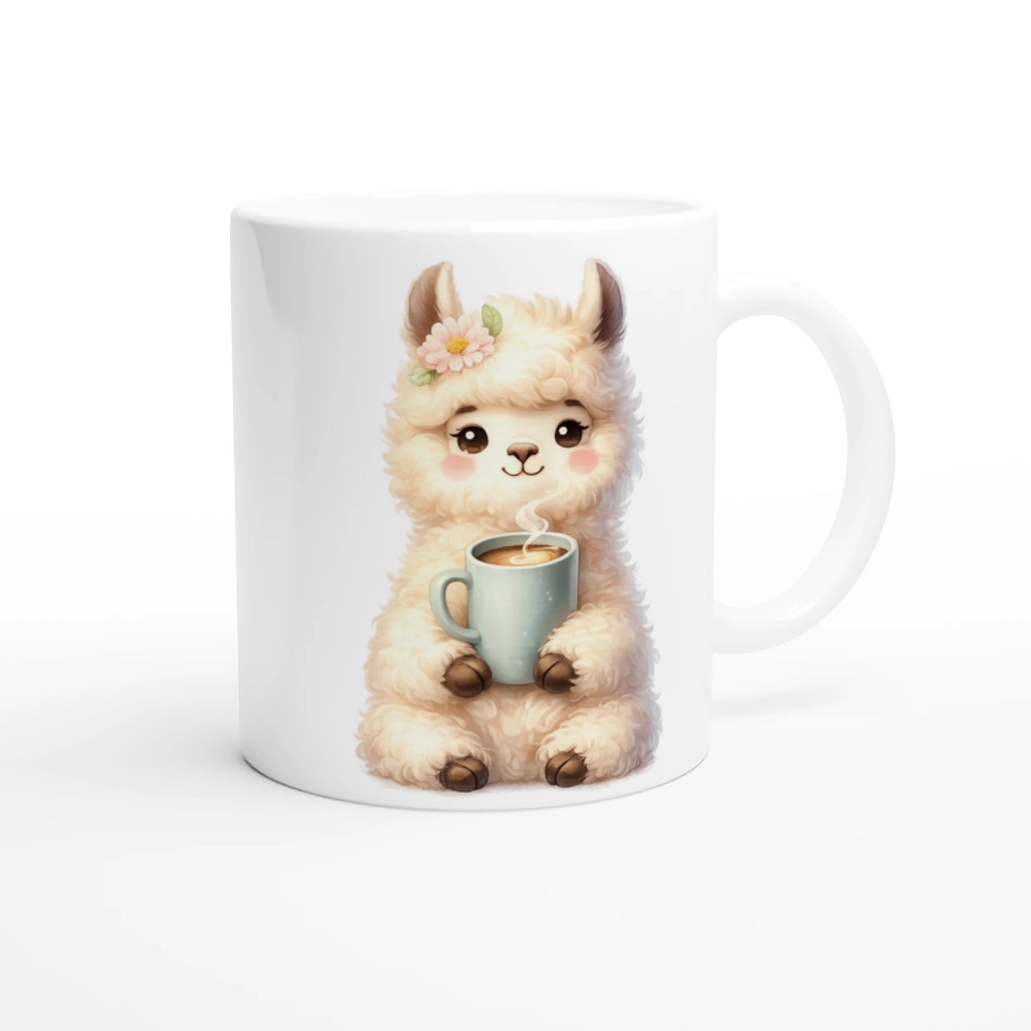 Keramiktasse mit niedlichem Lama, das eine Tasse hält, weiche Pastellfarben, ideal als Geschenk für Kaffee- und Tierliebhaber