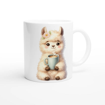 Keramiktasse mit niedlichem Lama, das eine Tasse hält, weiche Pastellfarben, ideal als Geschenk für Kaffee- und Tierliebhaber