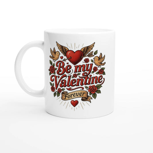Weiße Keramiktasse mit Aufdruck Be my Valentine Forever, Herzmotiv mit Rosen