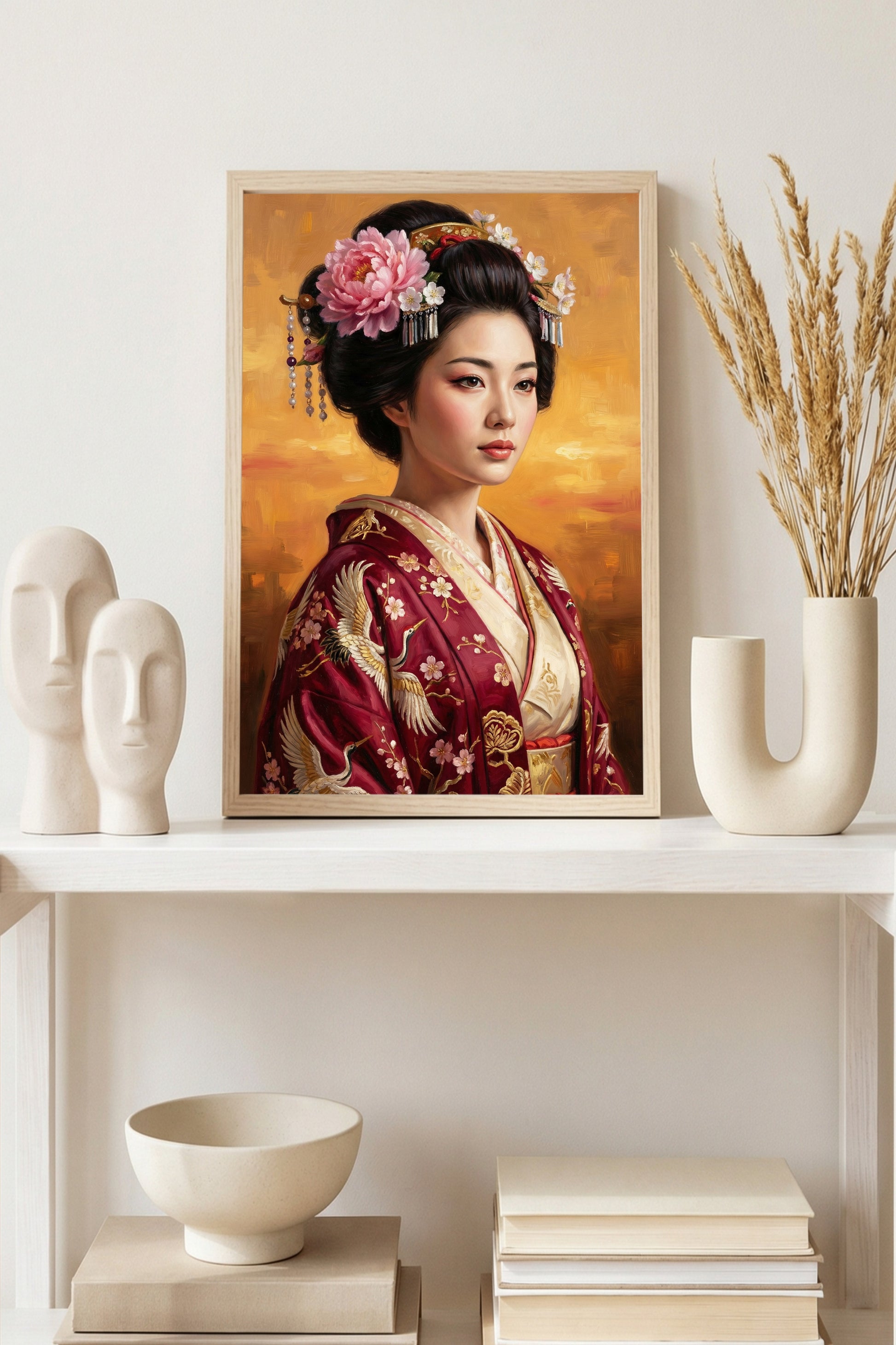 Geisha-Porträt im roten Kimono mit Kranich-Stickerei und Blüten im Haar, vor warm-goldenem Hintergrund, elegante Wandkunst.