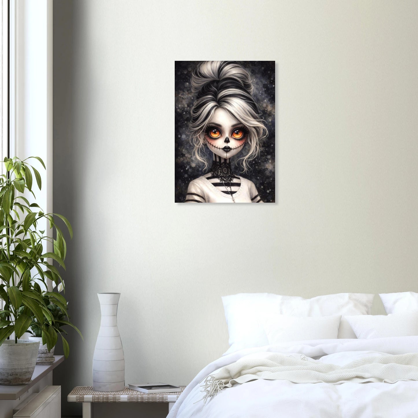 Premium Gothic-Poster: Porträt eines Mädchens mit La Catrina Make-up, hypnotischen orangefarbenen Augen und schwarzer Spitze auf einem hochwertigen matten Kunstdruck.