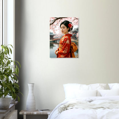 Japanisches Geisha-Poster im roten Kimono unter Kirschblüten, eleganter Kunstdruck mit ruhiger, harmonischer Bildwirkung.