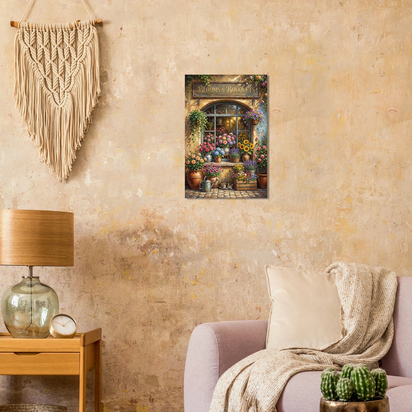 Vintage Blumenladen Poster mit Blooms & Bouquets Schild, Rosen, Sonnenblumen und Lavendel vor nostalgischer Fassade im Landhausstil