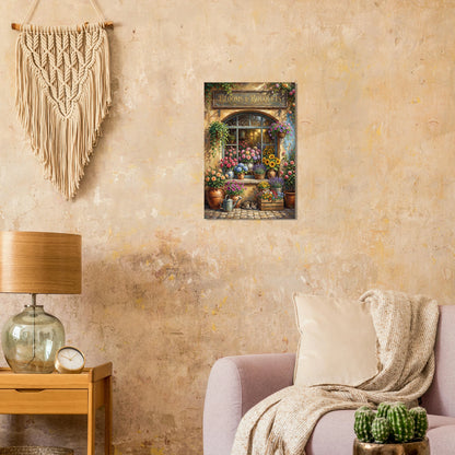 Vintage Blumenladen Poster mit Blooms & Bouquets Schild, Rosen, Sonnenblumen und Lavendel vor nostalgischer Fassade im Landhausstil