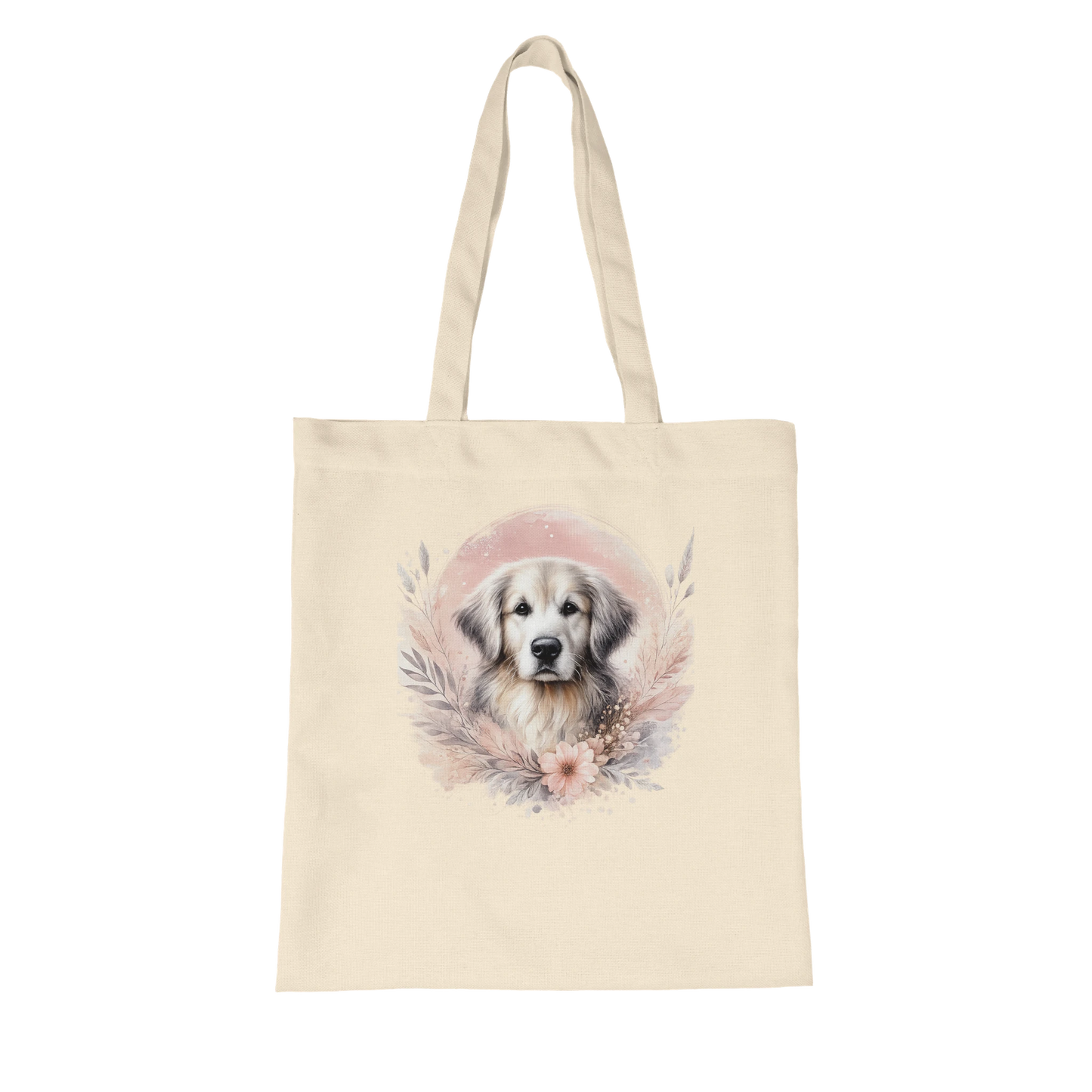 Naturfarbene Stofftasche aus Bio Baumwolle mit liebevoll illustriertem Hundemotiv, getragen als leichte Einkaufstasche für Alltag und Freizeit