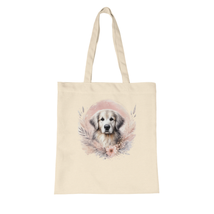 Naturfarbene Stofftasche aus Bio Baumwolle mit liebevoll illustriertem Hundemotiv, getragen als leichte Einkaufstasche für Alltag und Freizeit