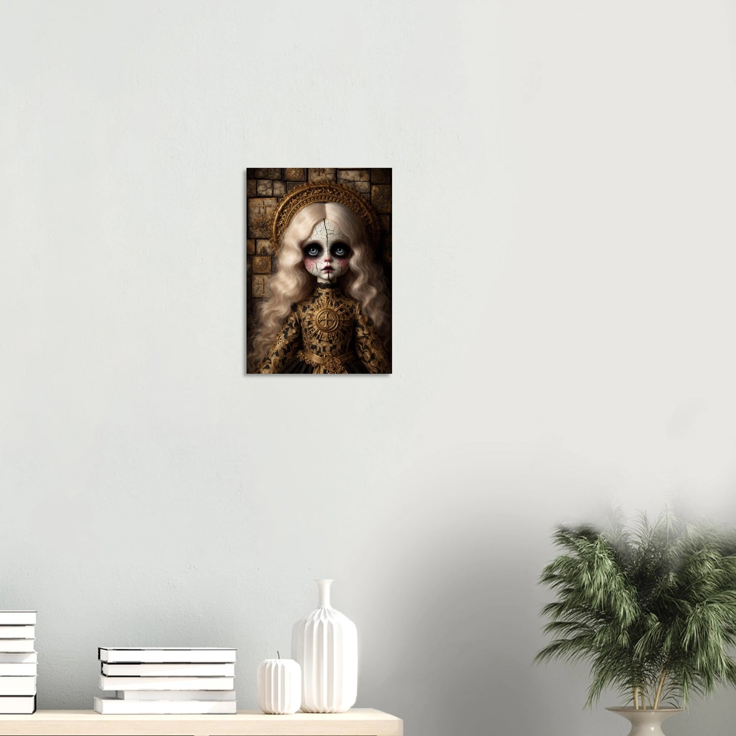 Hochwertiger Giclée-Kunstdruck zweier Vintage-Puppen mit großen Augen, blasser Haut und rostfarbenen Kleidern in melancholischer Atmosphäre.