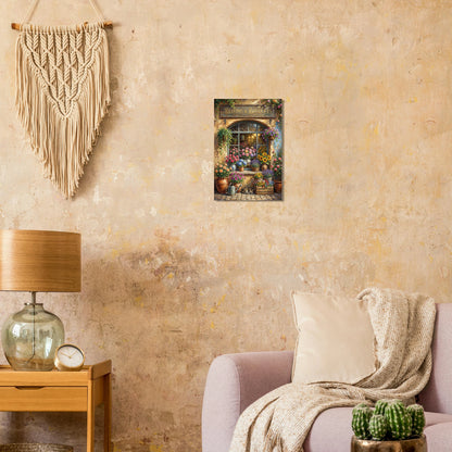 Vintage Blumenladen Poster mit Blooms & Bouquets Schild, Rosen, Sonnenblumen und Lavendel vor nostalgischer Fassade im Landhausstil