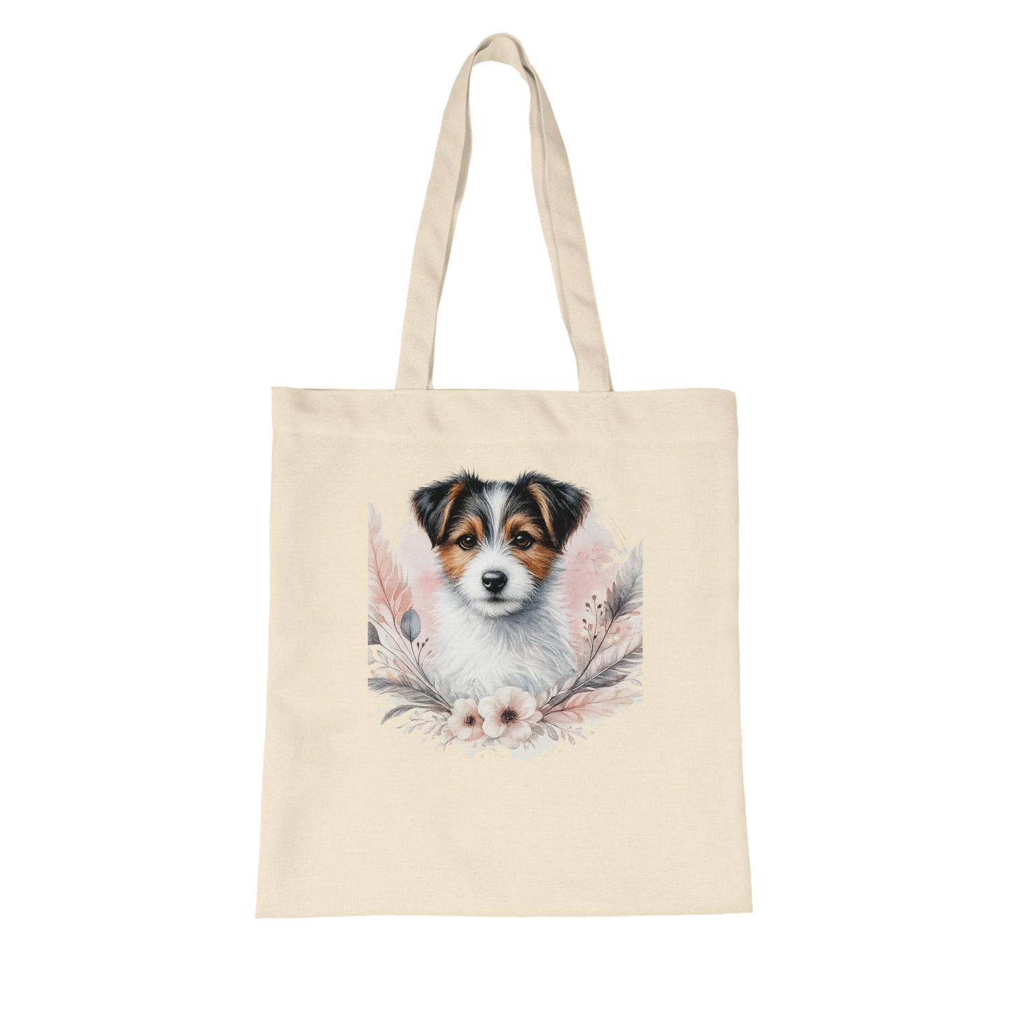 Naturfarbene Stofftasche aus Bio Baumwolle mit liebevoll illustriertem Hundemotiv, getragen als leichte Einkaufstasche für Alltag und Freizeit