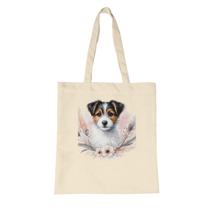 Naturfarbene Stofftasche aus Bio Baumwolle mit liebevoll illustriertem Hundemotiv, getragen als leichte Einkaufstasche für Alltag und Freizeit