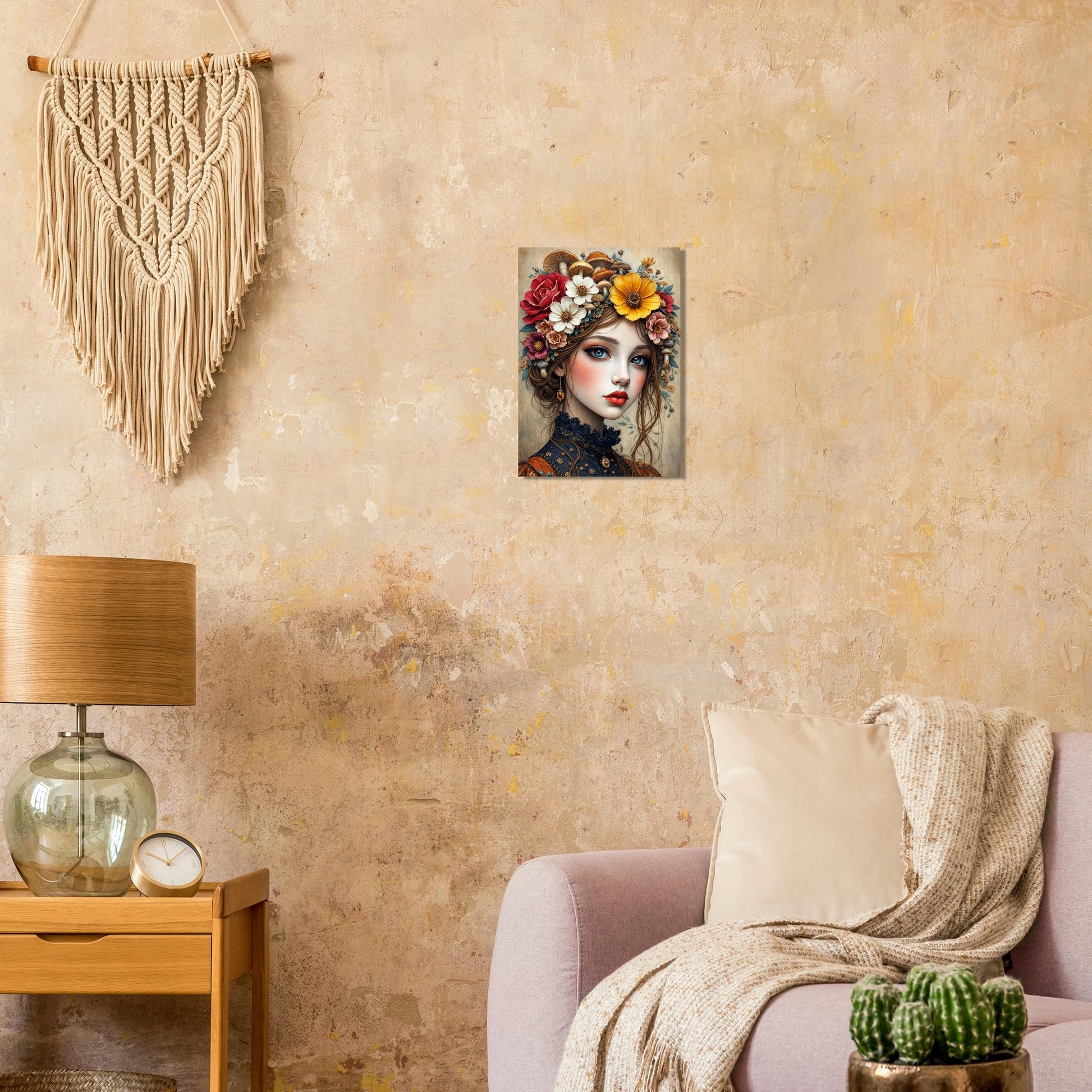 Detailreiches Frauenporträt mit Blumenkranz und Pilzen im Haar, warme Naturfarben, märchenhafte Illustration auf Premium Matt Papier, dekoratives Kunstposter