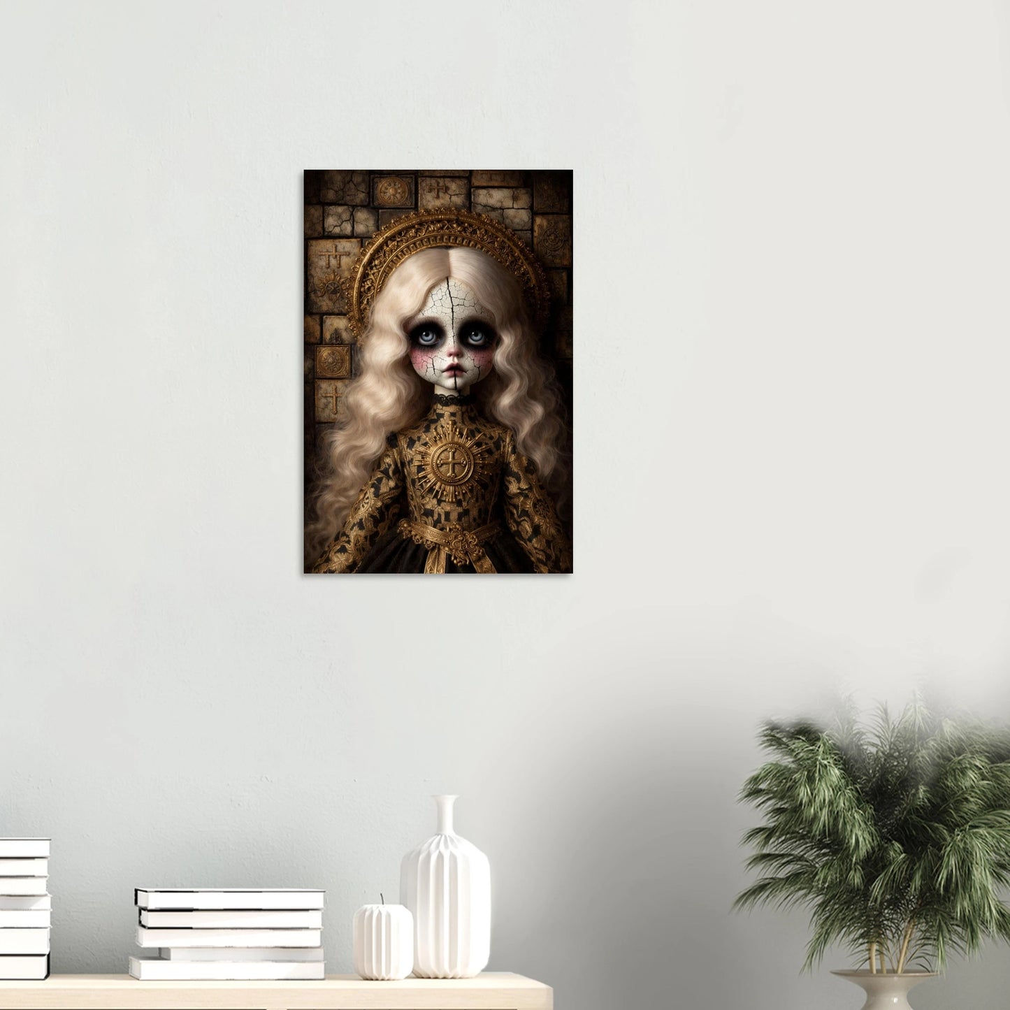 Hochwertiger Giclée-Kunstdruck zweier Vintage-Puppen mit großen Augen, blasser Haut und rostfarbenen Kleidern in melancholischer Atmosphäre.