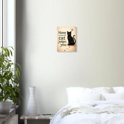 Katzenposter mit schwarzer Katze und Spruch Home is where the cat judges you, humorvolle Wandkunst