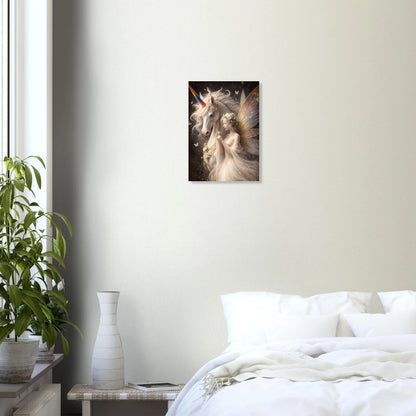 Hochwertiges Fantasy-Poster: Majestätisches weißes Einhorn mit einer zarten Elfe im Blumenkranz. Elegante Wanddeko in Gold und Elfenbein auf dunklem, mystischem Grund.