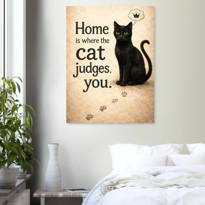Katzenposter mit schwarzer Katze und Spruch Home is where the cat judges you, humorvolle Wandkunst