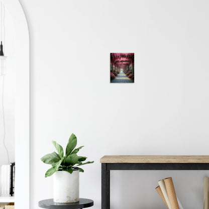 Ruhiger Gartenweg unter einer Pergola voller rosa Blüten, stimmungsvolles Naturposter mit Tiefe und sanftem Licht