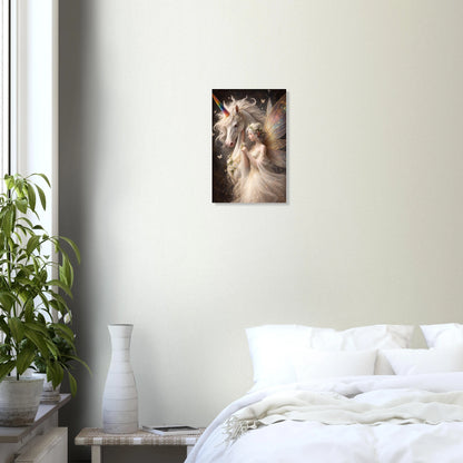 Hochwertiges Fantasy-Poster: Majestätisches weißes Einhorn mit einer zarten Elfe im Blumenkranz. Elegante Wanddeko in Gold und Elfenbein auf dunklem, mystischem Grund.
