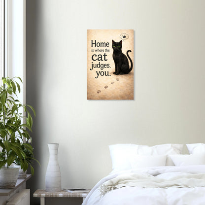 Katzenposter mit schwarzer Katze und Spruch Home is where the cat judges you, humorvolle Wandkunst