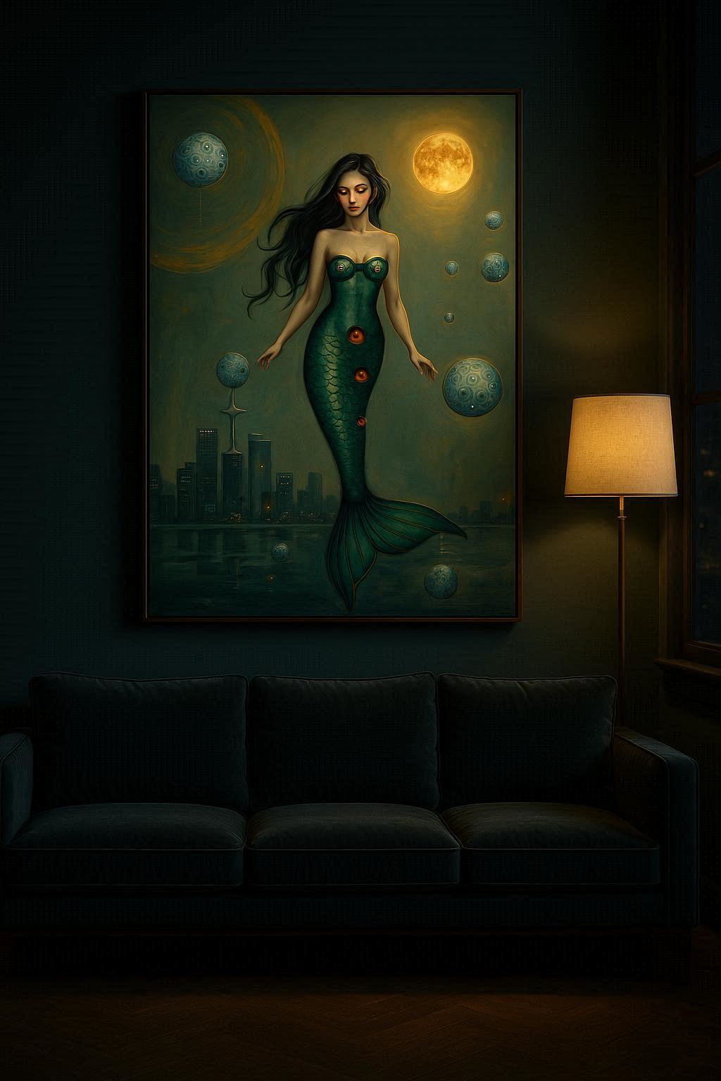 Poster mit Meerjungfrau vor nächtlicher Skyline und Mond in Türkis- und Goldtönen, mystische Fantasy Wanddekoration für moderne Wohnräume