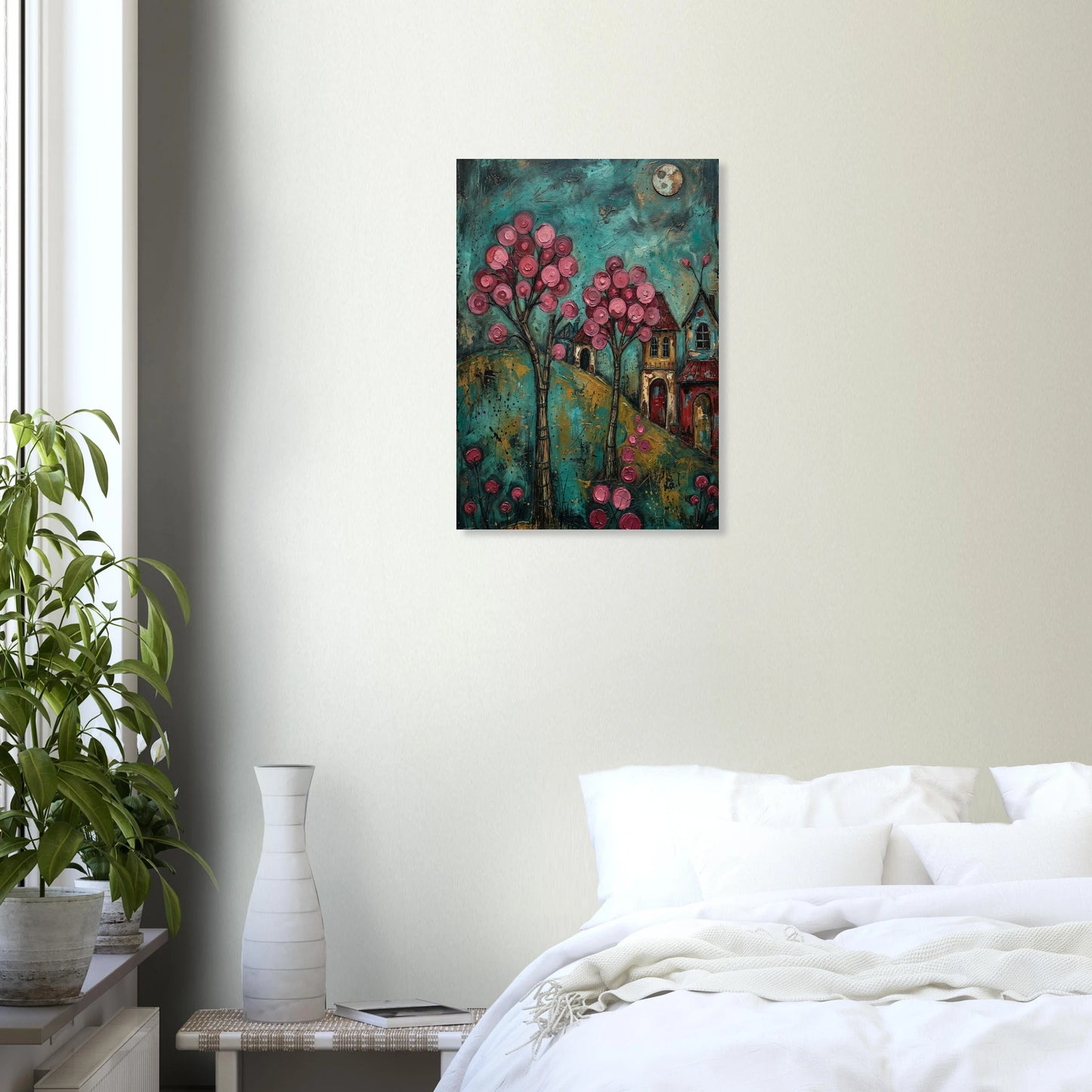 Hochwertiger Folk-Art-Kunstdruck eines Dorfes bei Nacht; mit leuchtend rosa Blütenbäumen, kleinen Häusern und Vollmond vor einem türkisblauen, malerischen Himmel.