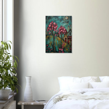 Hochwertiger Folk-Art-Kunstdruck eines Dorfes bei Nacht; mit leuchtend rosa Blütenbäumen, kleinen Häusern und Vollmond vor einem türkisblauen, malerischen Himmel.