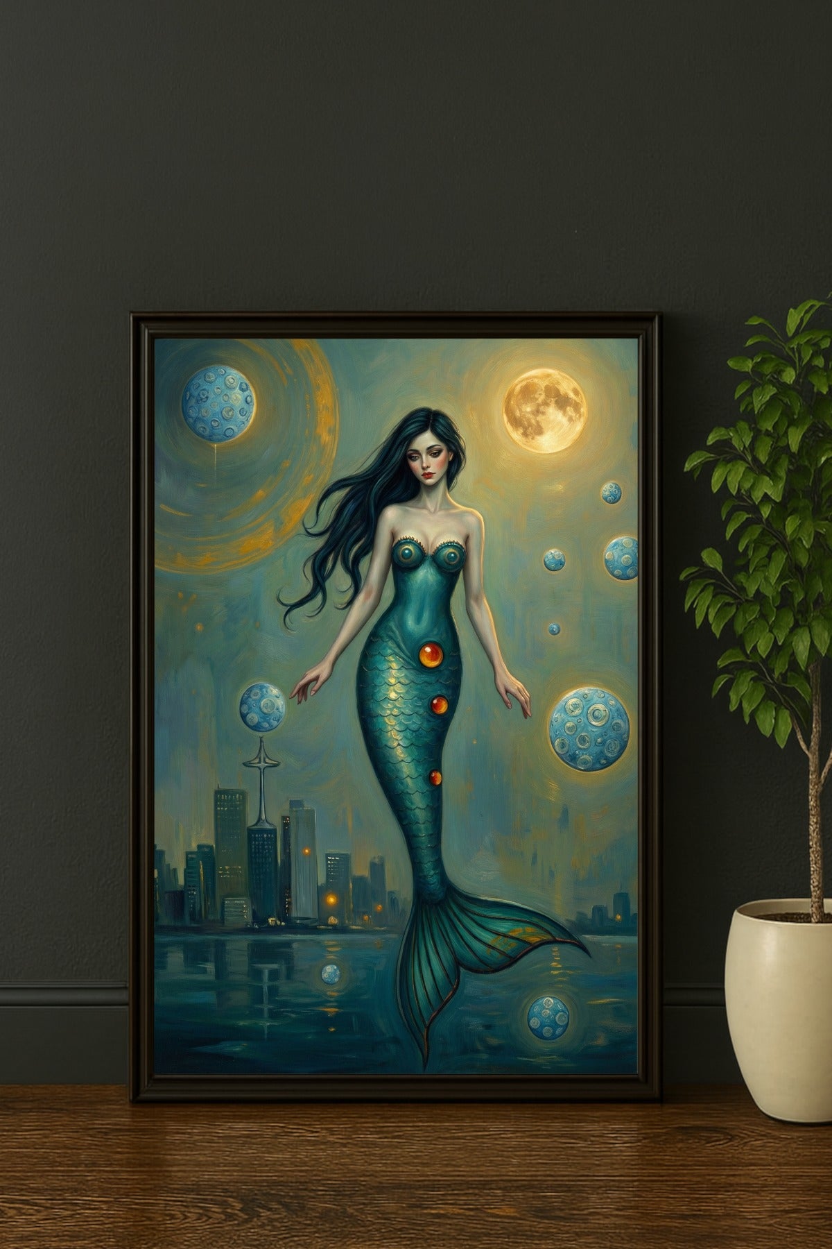 Poster mit Meerjungfrau vor nächtlicher Skyline und Mond in Türkis- und Goldtönen, mystische Fantasy Wanddekoration für moderne Wohnräume