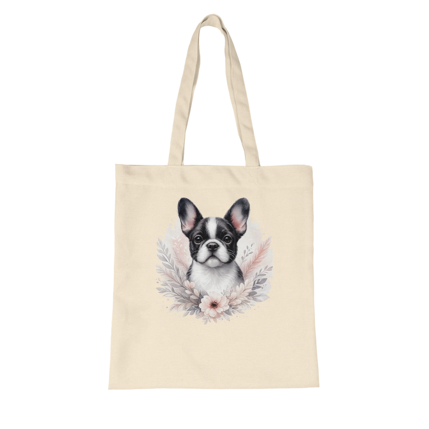 Naturfarbene Stofftasche aus Bio Baumwolle mit liebevoll illustriertem Hundemotiv, getragen als leichte Einkaufstasche für Alltag und Freizeit