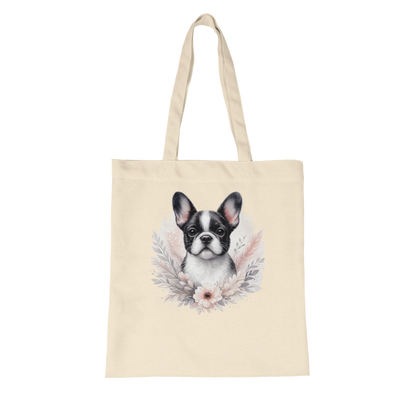 Naturfarbene Stofftasche aus Bio Baumwolle mit liebevoll illustriertem Hundemotiv, getragen als leichte Einkaufstasche für Alltag und Freizeit