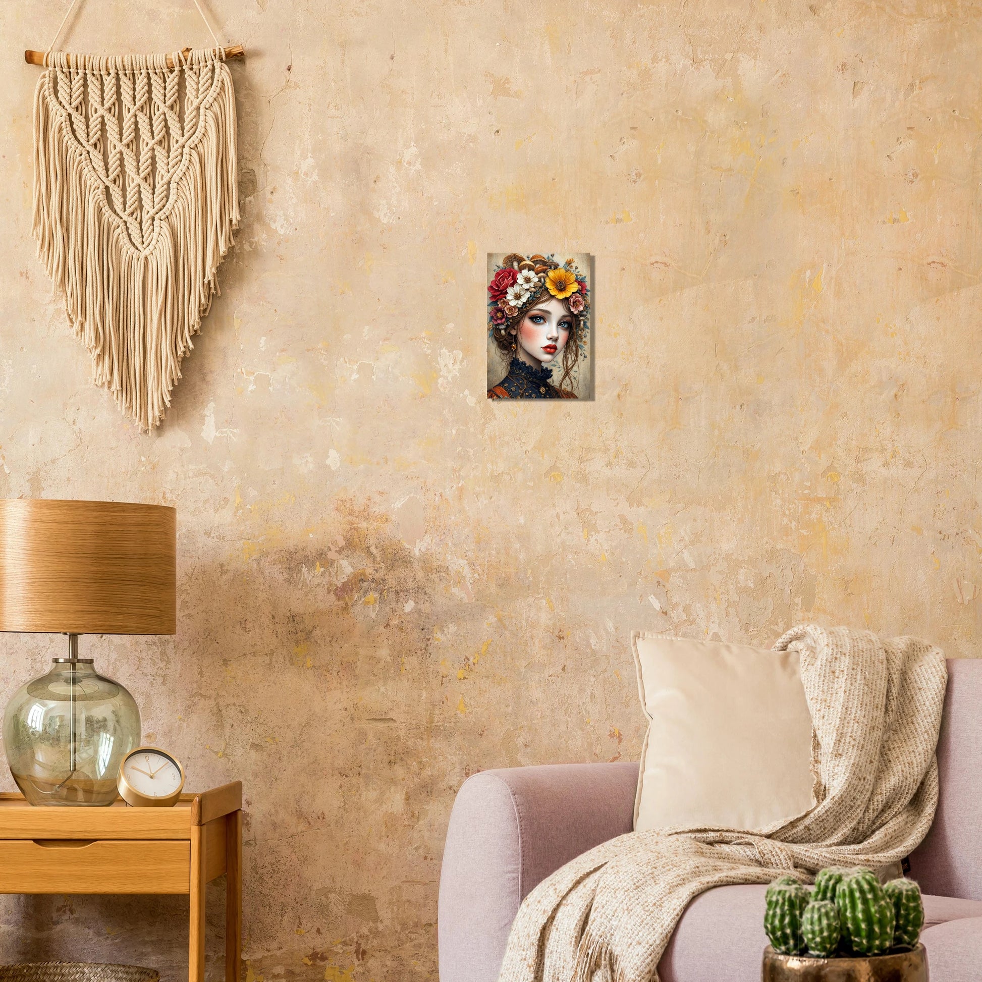 Detailreiches Frauenporträt mit Blumenkranz und Pilzen im Haar, warme Naturfarben, märchenhafte Illustration auf Premium Matt Papier, dekoratives Kunstposter