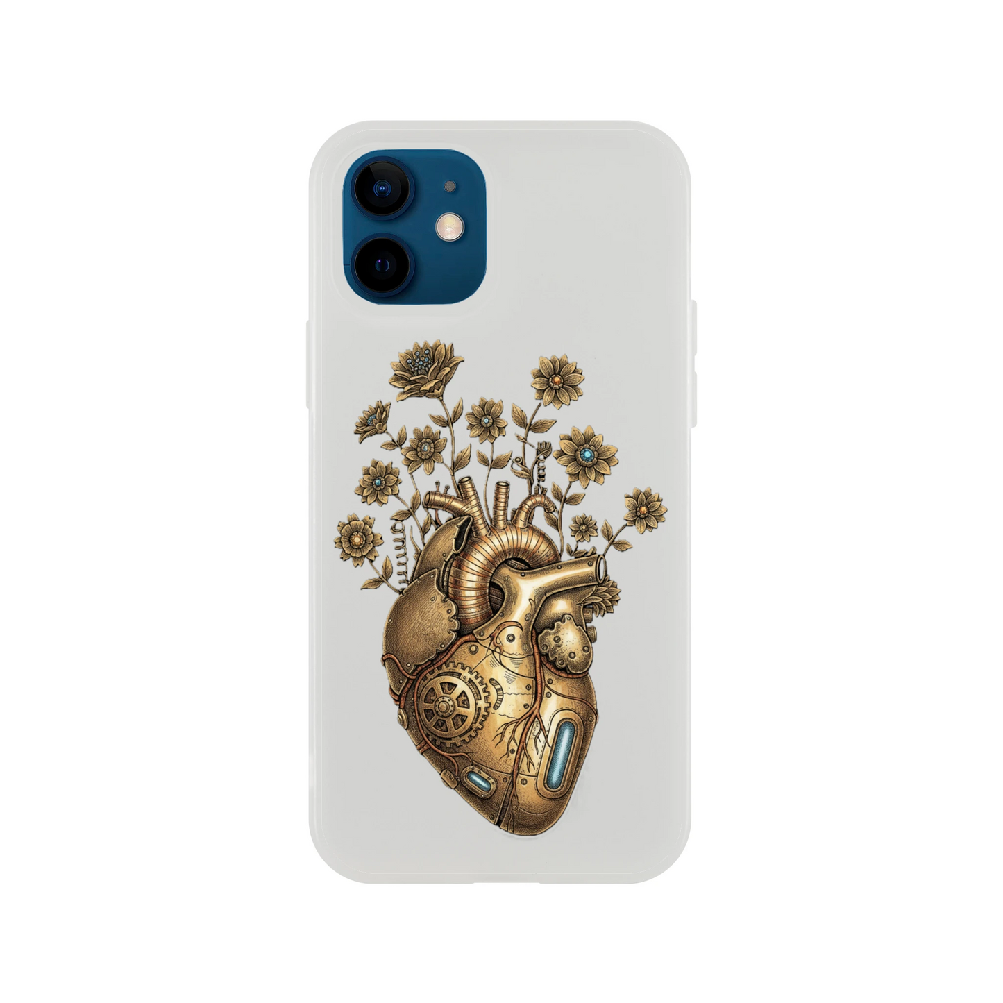 Transparente iPhone Schutzhülle mit Steampunk Herz Motiv, klare Flexi Case Oberfläche, schlank, modern, passgenau für verschiedene Modelle.
