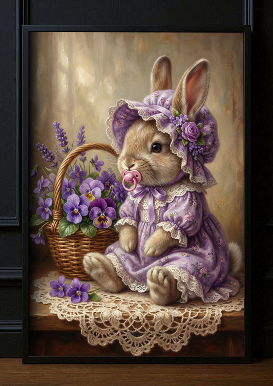 Fine Art Print: Osterhäschen im lila Spitzenkleid mit Häubchen und Schnuller, neben Veilchenkorb im warmen Vintage-Look, matte Oberfläche, FSC-Papier.