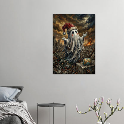 Hochwertiger Kunstdruck: Ein kleiner Geist mit roter Mütze inmitten einer brennenden Trümmerlandschaft. Das Motiv zeigt den Kontrast zwischen menschlicher Tradition (Weihnachtsbaum) und globaler Zerstörung (zerbrochener Globus).