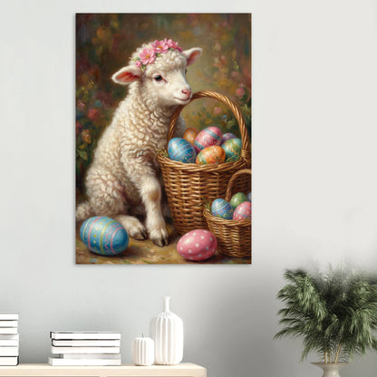 Vintage Osterposter mit einem kleinen Lamm mit Blumenkranz neben einem Korb voller bemalter Ostereier, romantische Frühlingsdeko im Cottage Stil.