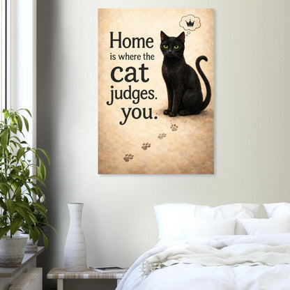Katzenposter mit schwarzer Katze und Spruch Home is where the cat judges you, humorvolle Wandkunst