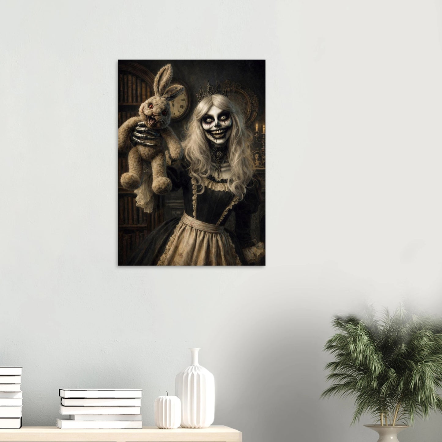 Hochwertiges Horror-Poster: Gekrönte Skelettfrau hält eine groteske Kaninchenpuppe in einer antiken, dunklen Bibliothek. Detailreicher Fine-Art-Druck in Sepia und Schwarz.