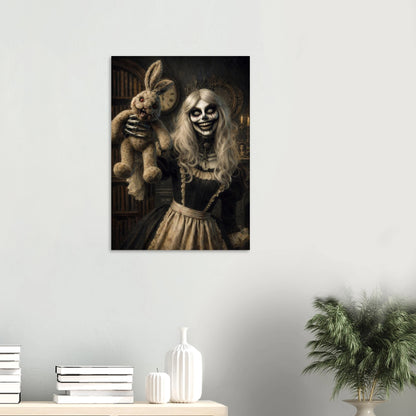 Hochwertiges Horror-Poster: Gekrönte Skelettfrau hält eine groteske Kaninchenpuppe in einer antiken, dunklen Bibliothek. Detailreicher Fine-Art-Druck in Sepia und Schwarz.