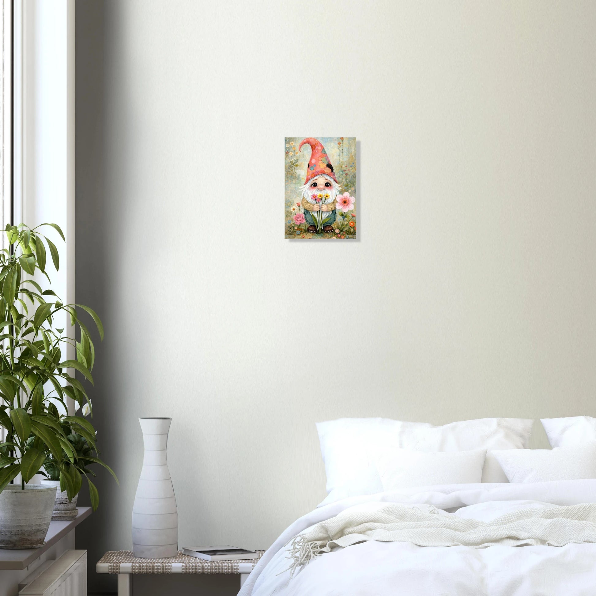 Liebevoll illustrierter Wichtel mit Blumenstrauß in sanften Farben, märchenhafte Gartenszene, detailreiches Kunstposter auf Premium Matt Papier