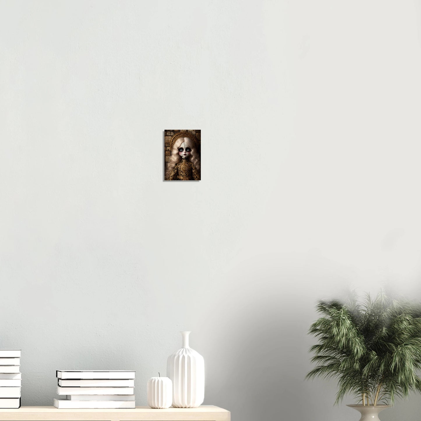 Hochwertiger Giclée-Kunstdruck zweier Vintage-Puppen mit großen Augen, blasser Haut und rostfarbenen Kleidern in melancholischer Atmosphäre.