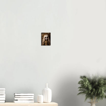 Hochwertiger Giclée-Kunstdruck zweier Vintage-Puppen mit großen Augen, blasser Haut und rostfarbenen Kleidern in melancholischer Atmosphäre.
