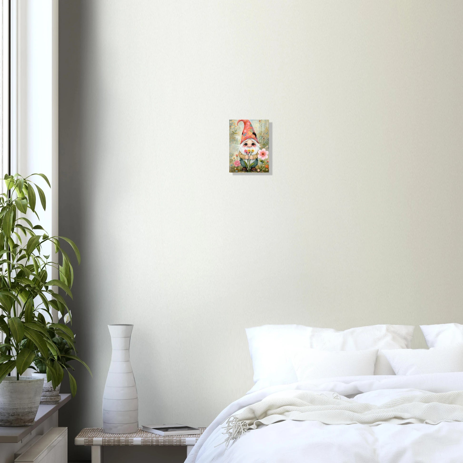 Liebevoll illustrierter Wichtel mit Blumenstrauß in sanften Farben, märchenhafte Gartenszene, detailreiches Kunstposter auf Premium Matt Papier