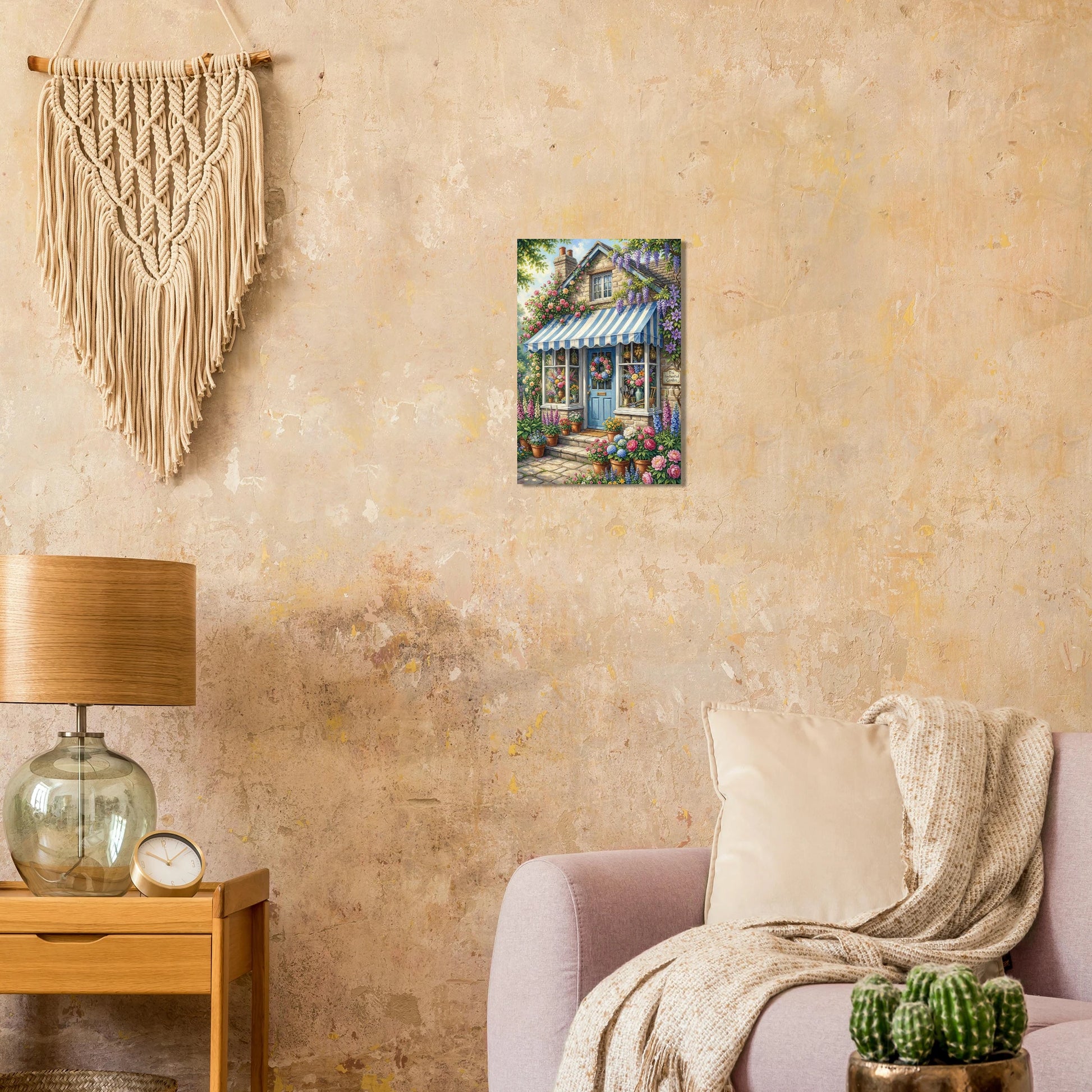 Cottage Garten Poster mit blau-weißer Markise, Steinhausfassade und üppigen Blumen in Rosa, Violett und Grün