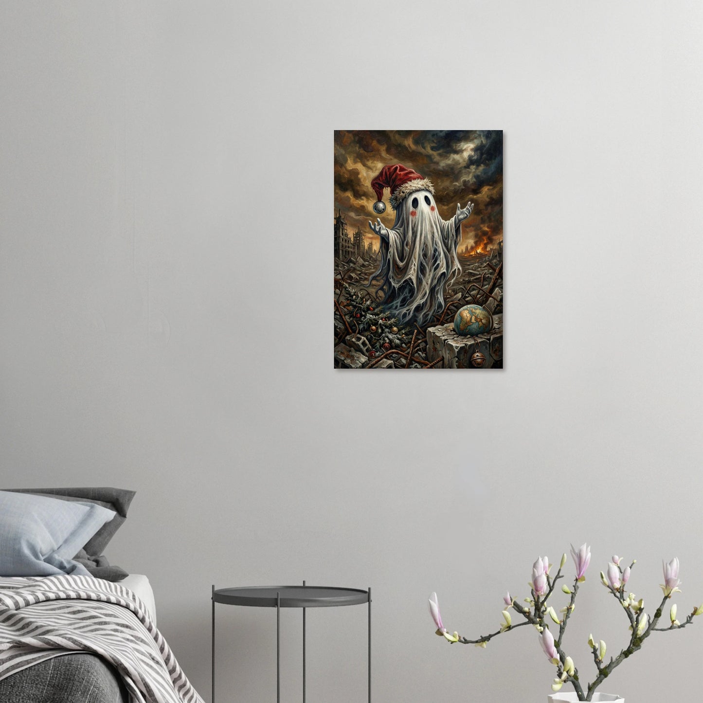 Hochwertiger Kunstdruck: Ein kleiner Geist mit roter Mütze inmitten einer brennenden Trümmerlandschaft. Das Motiv zeigt den Kontrast zwischen menschlicher Tradition (Weihnachtsbaum) und globaler Zerstörung (zerbrochener Globus).