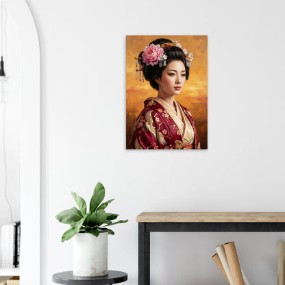 Geisha-Porträt im roten Kimono mit Kranich-Stickerei und Blüten im Haar, vor warm-goldenem Hintergrund, elegante Wandkunst.