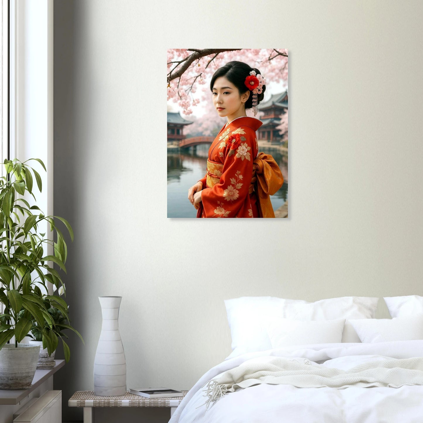 Japanisches Geisha-Poster im roten Kimono unter Kirschblüten, eleganter Kunstdruck mit ruhiger, harmonischer Bildwirkung.