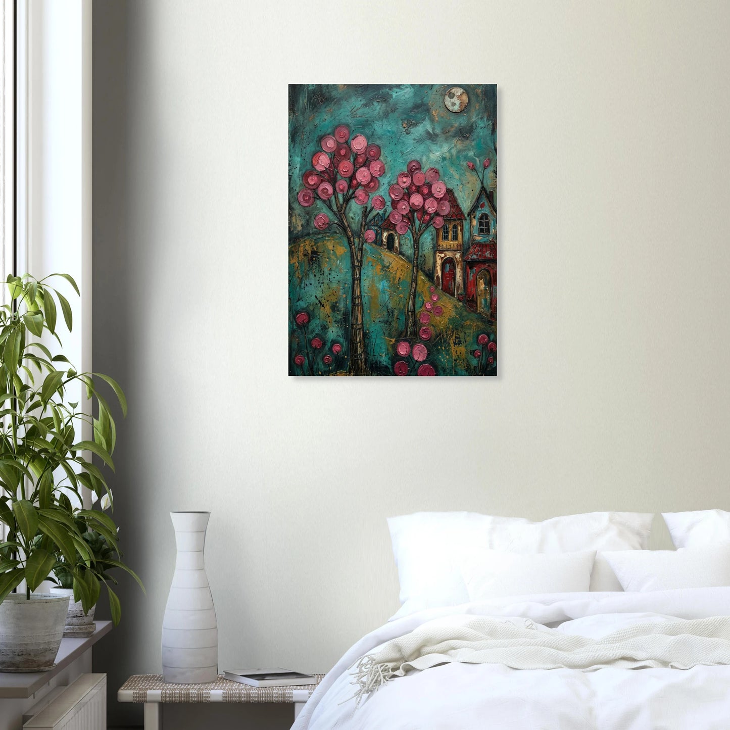 Hochwertiger Folk-Art-Kunstdruck eines Dorfes bei Nacht; mit leuchtend rosa Blütenbäumen, kleinen Häusern und Vollmond vor einem türkisblauen, malerischen Himmel.