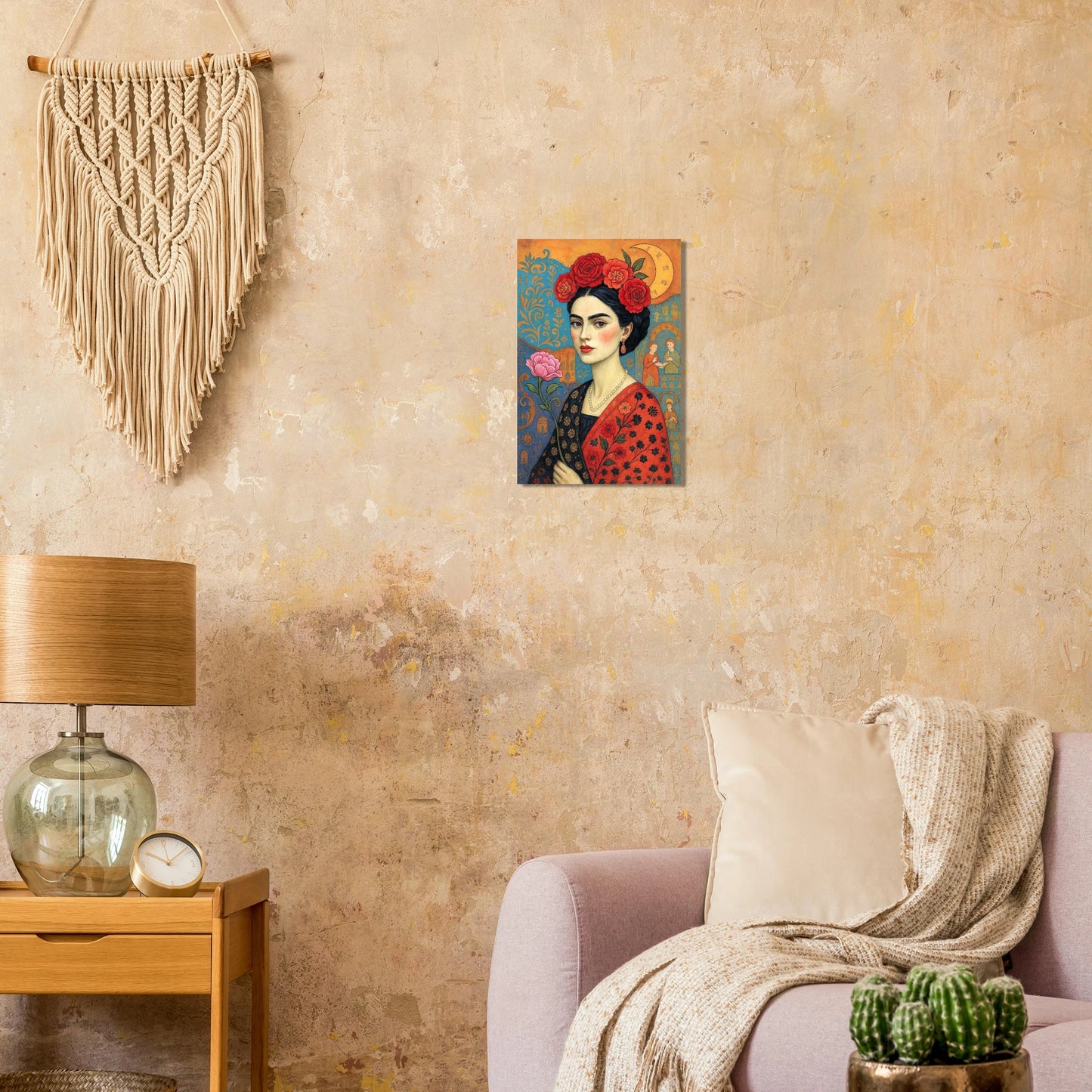 Florales Frauenporträt Poster mit roten Rosen, Boho Folk Art Illustration und Mondmotiv